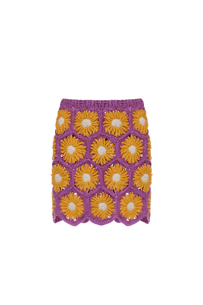 в'язана квітчаста міні спідниця у фіолетово-помаранчевому кольорі
