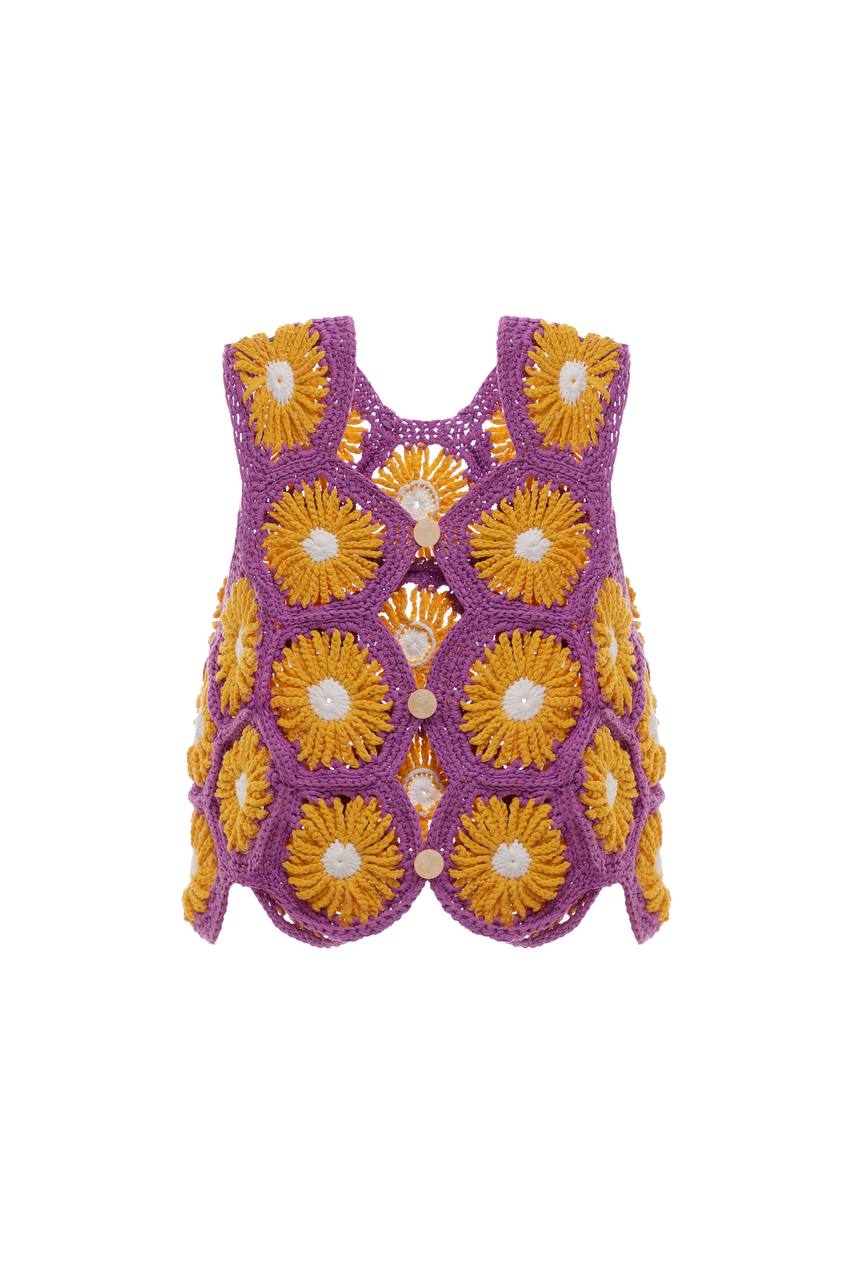 в'язана квітчаста жилетка у фіолетово-помаранчевому кольорі