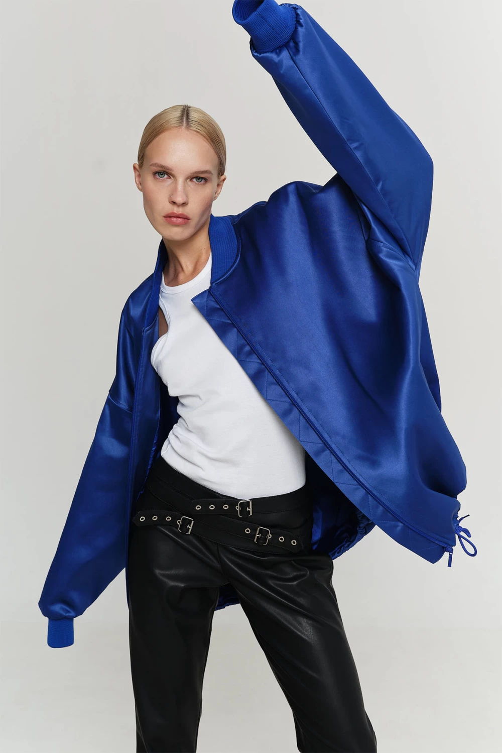 satin bomber in electric blue color