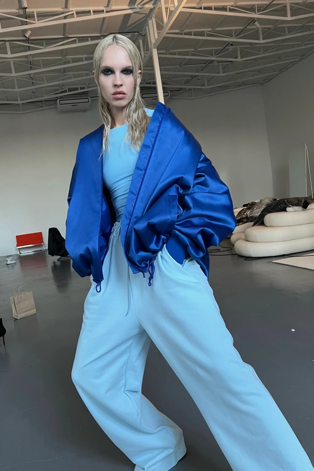 satin bomber in electric blue color