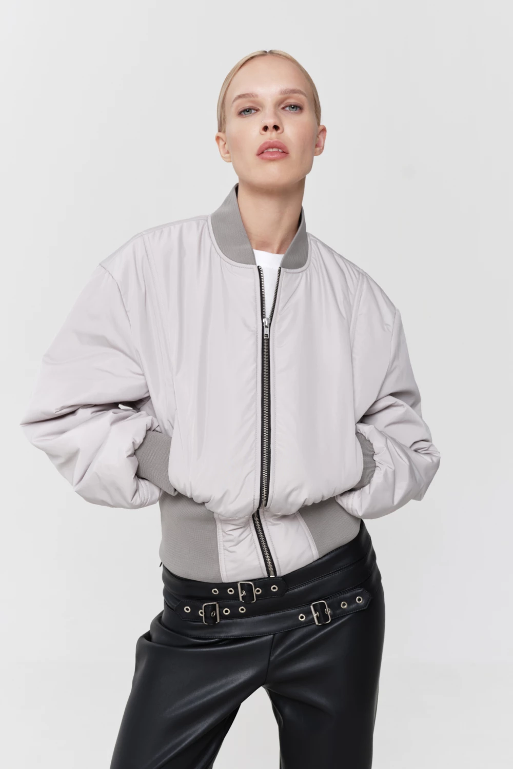 cropped bomber jacket in grey color