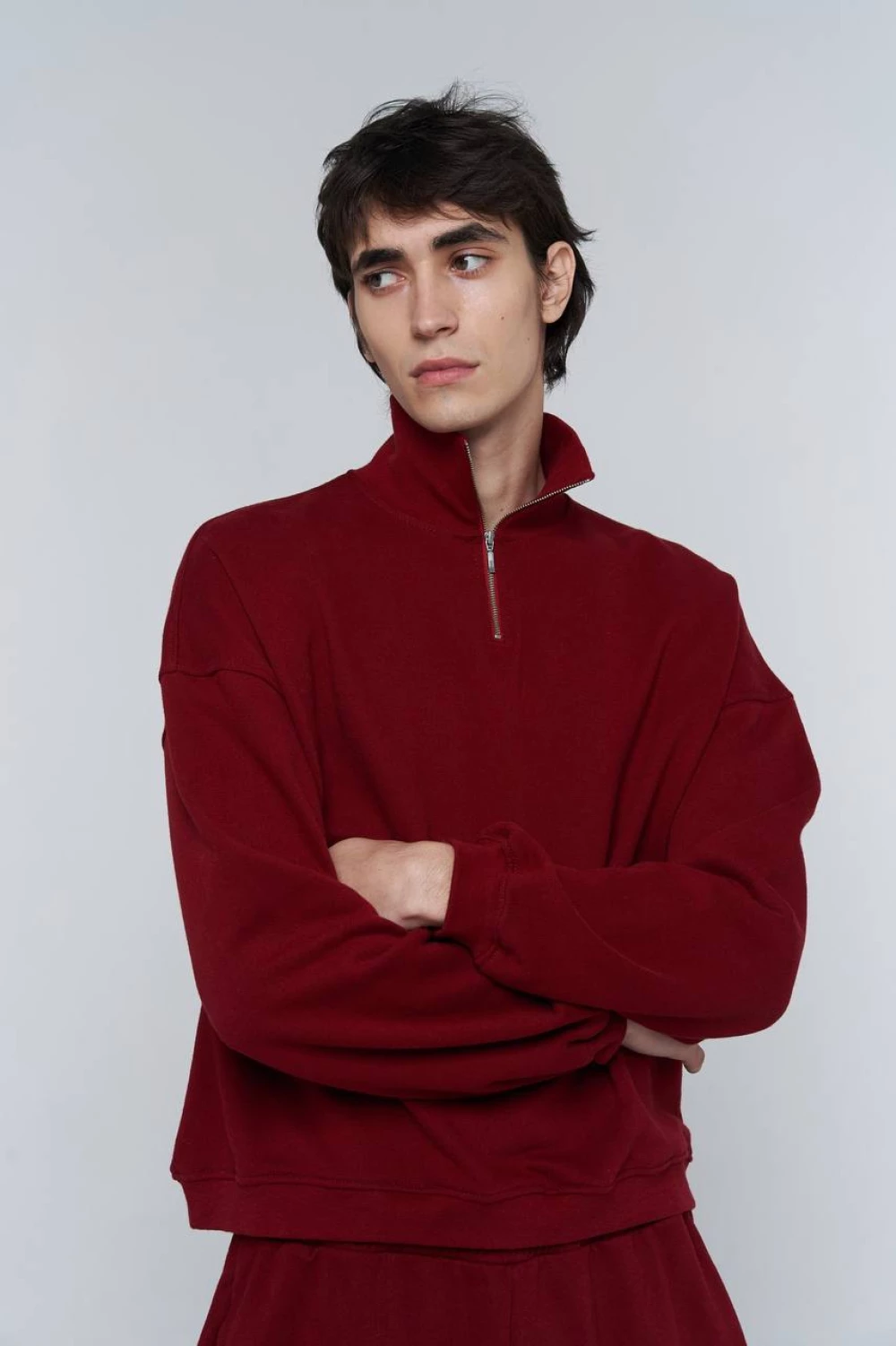 half zip sweatshirt in dark red color