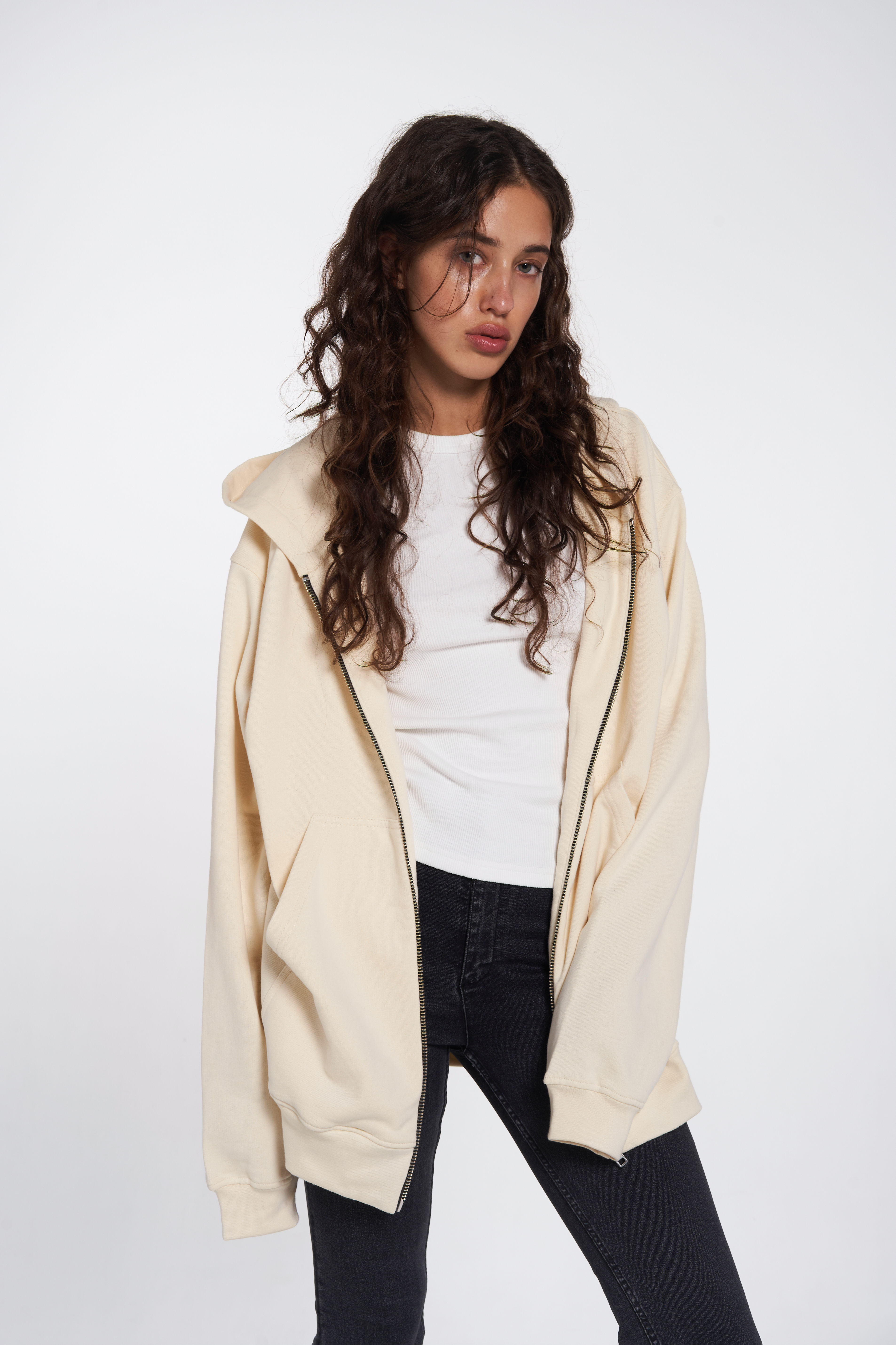 zip-up hoodie in vanilla color